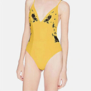 Hurley quick dry ribbed embroidered one piece swimsuit yellow embroidered cheeky